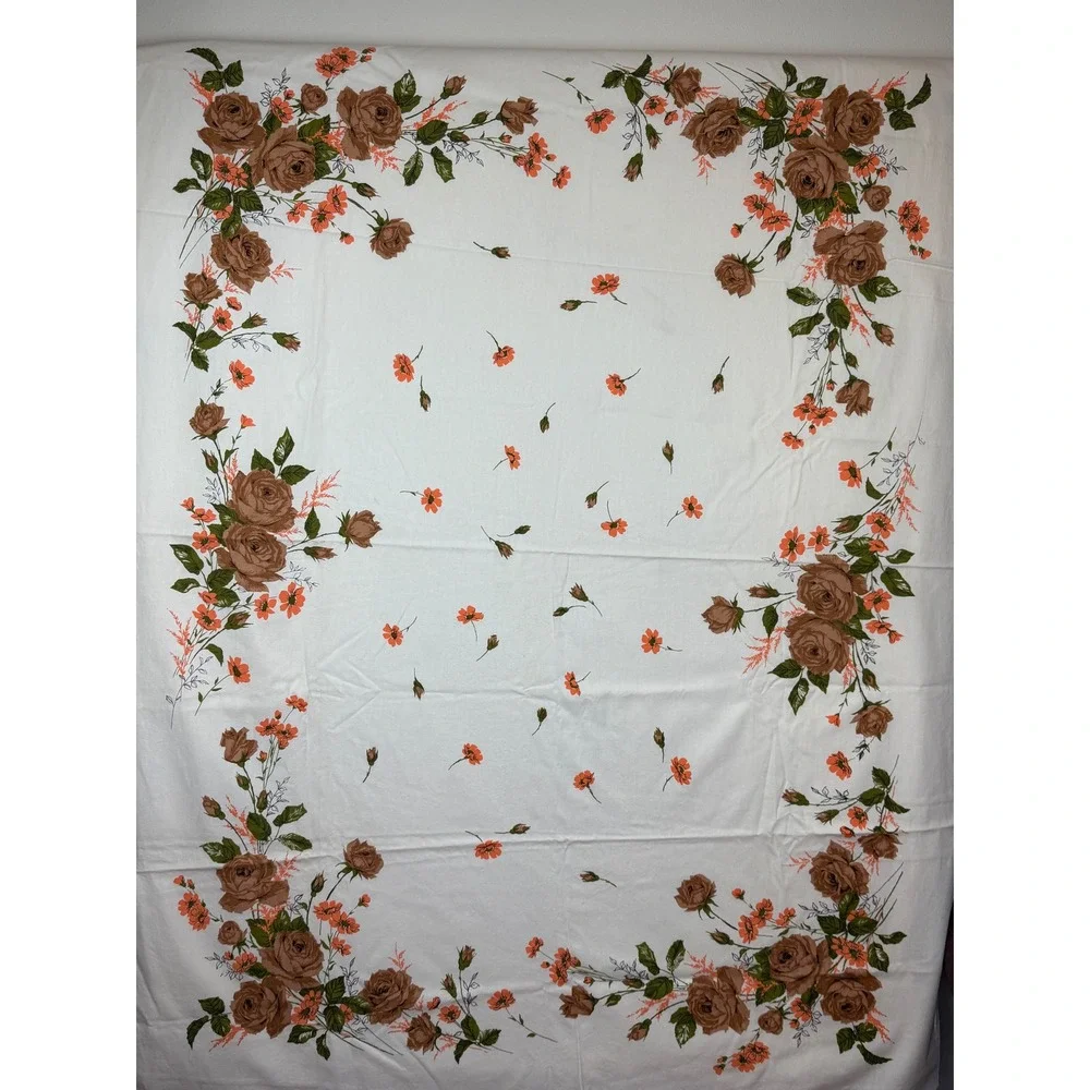 Vintage Floral Tablecloth Brown Roses Orange Flowers White Rectangular 52x66